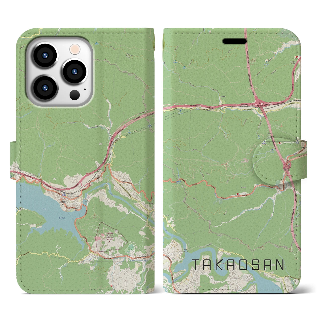 【高尾山】地図柄iPhoneケース（手帳両面タイプ・ナチュラル）iPhone 13 Pro 用