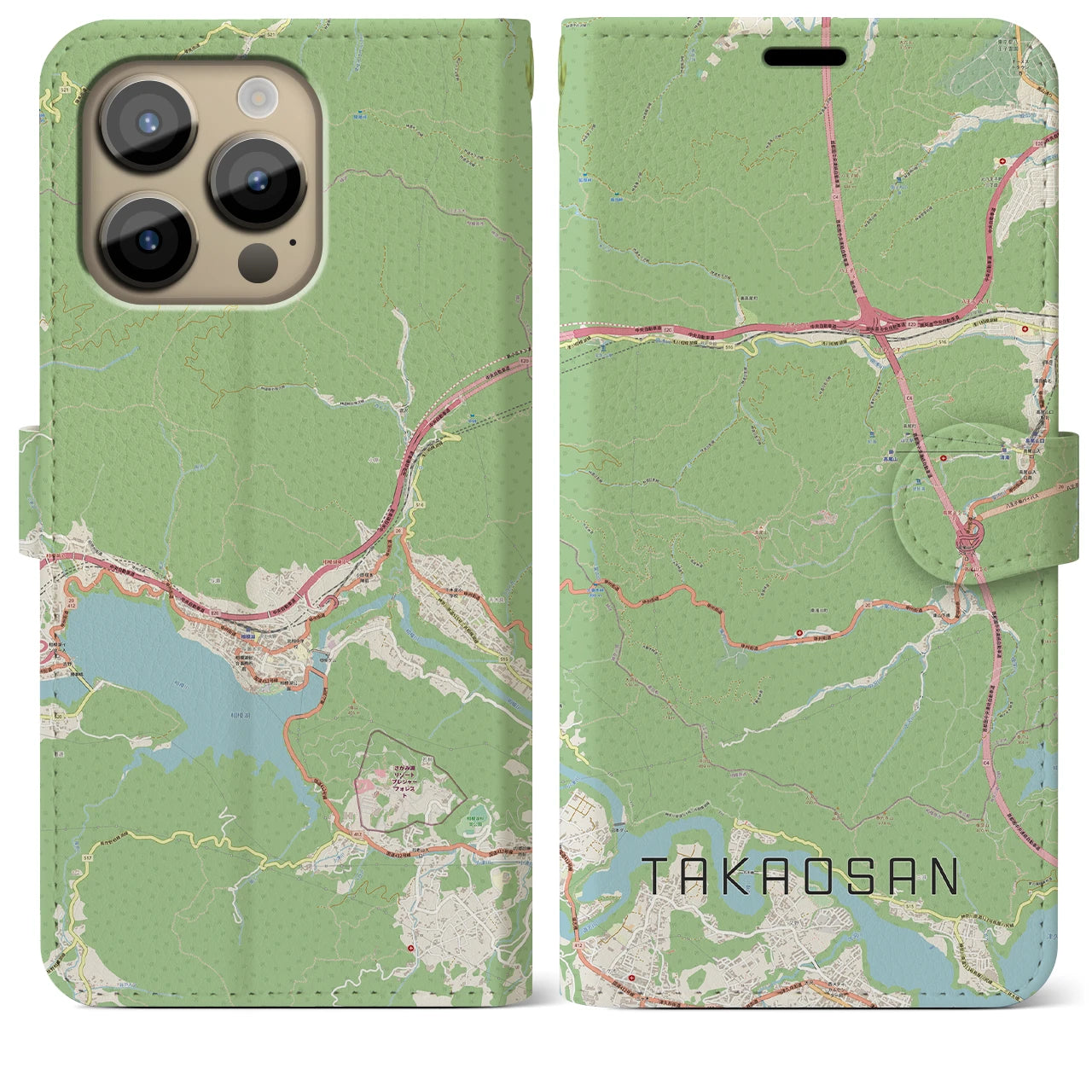 【高尾山】地図柄iPhoneケース（手帳両面タイプ・ナチュラル）iPhone 14 Pro Max 用