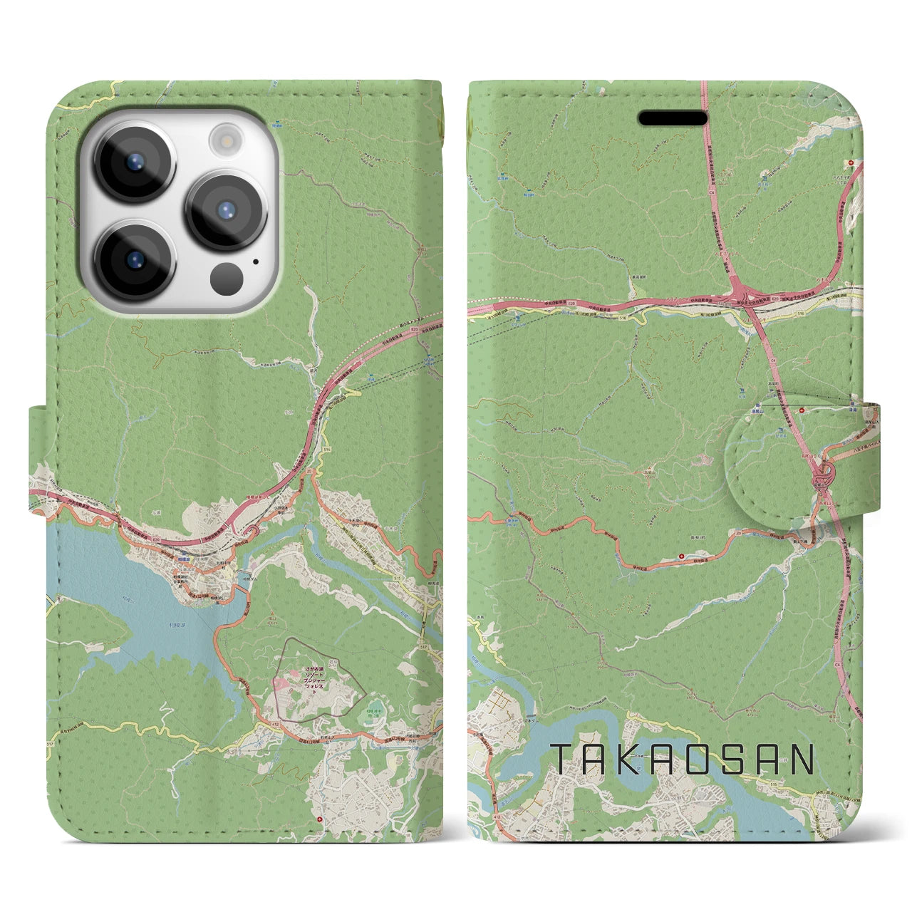【高尾山】地図柄iPhoneケース（手帳両面タイプ・ナチュラル）iPhone 14 Pro 用