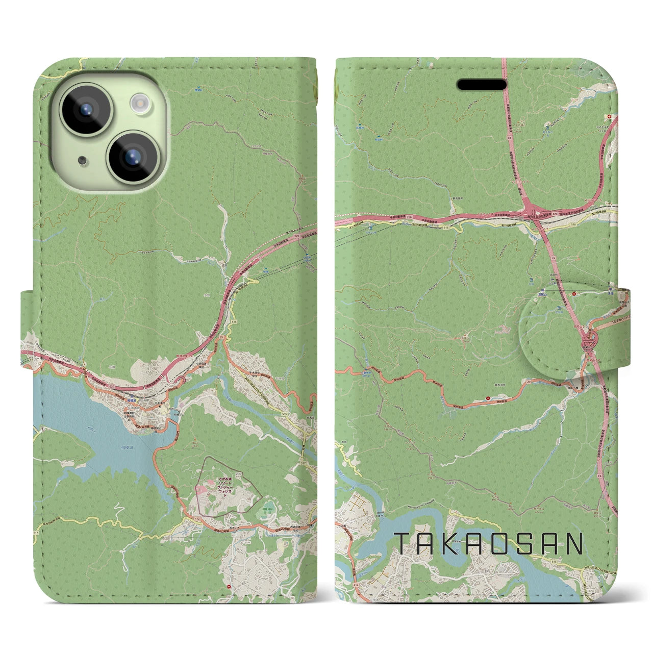 【高尾山】地図柄iPhoneケース（手帳両面タイプ・ナチュラル）iPhone 15 用