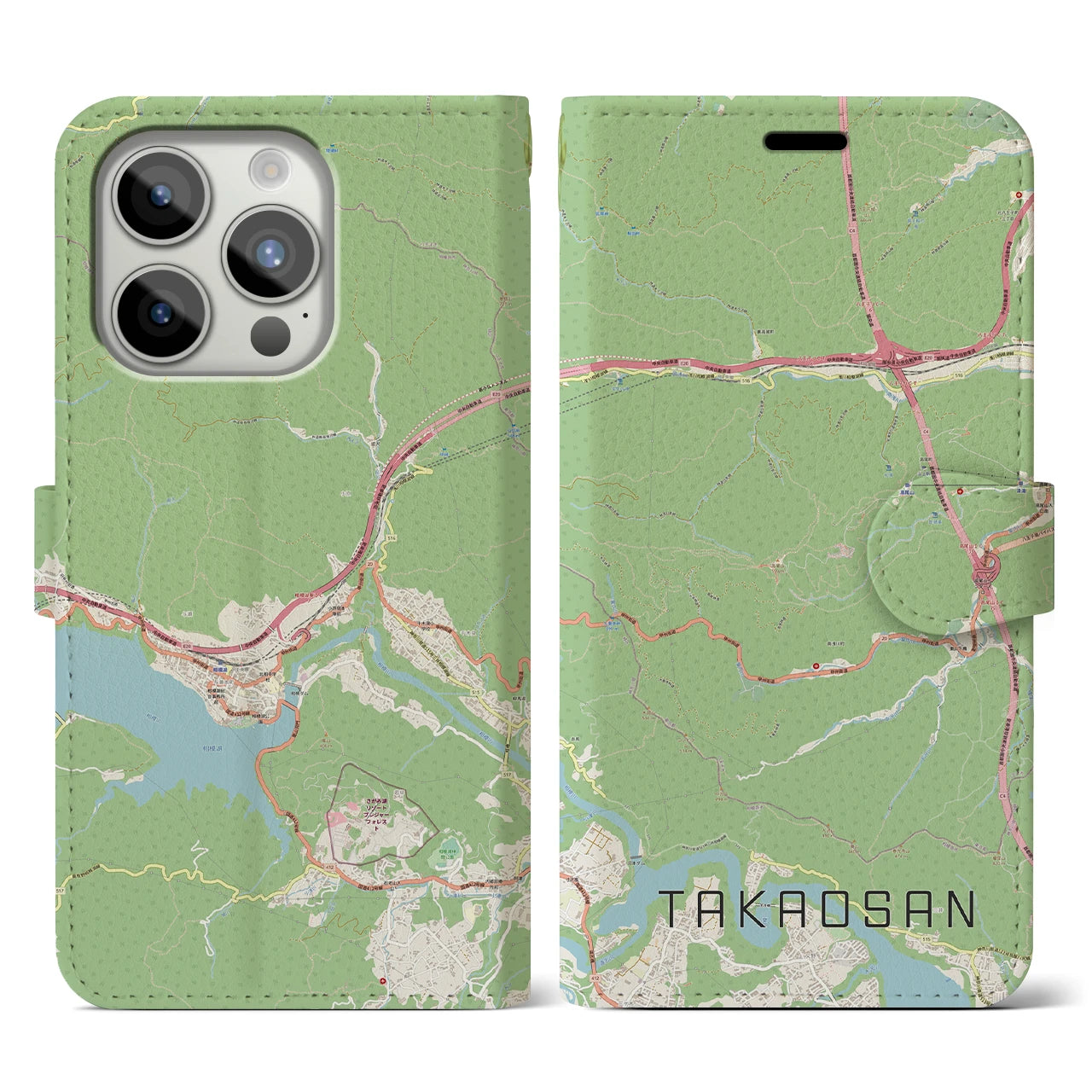 【高尾山】地図柄iPhoneケース（手帳両面タイプ・ナチュラル）iPhone 15 Pro 用
