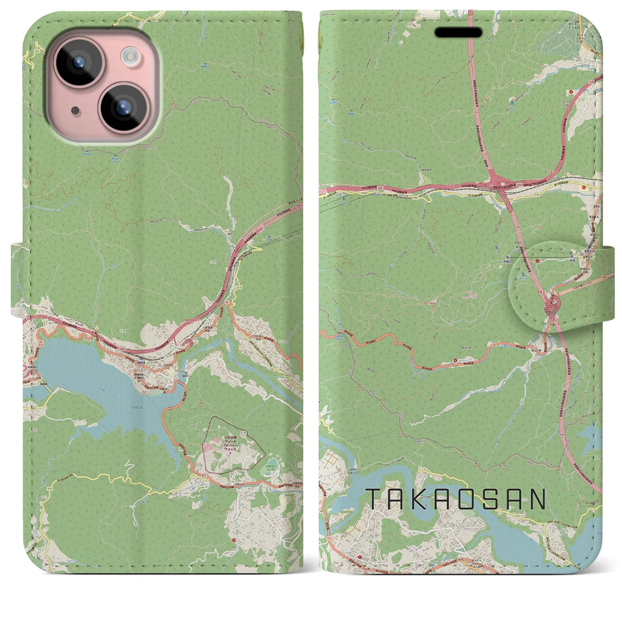 【高尾山】地図柄iPhoneケース（手帳両面タイプ・ナチュラル）iPhone 15 Plus 用