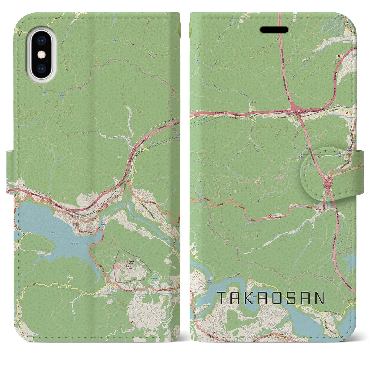 【高尾山】地図柄iPhoneケース（手帳両面タイプ・ナチュラル）iPhone XS Max 用