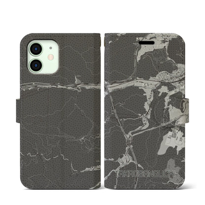 【高尾山口（東京都）】地図柄iPhoneケース（手帳タイプ）モノトーン・iPhone 12 mini 用