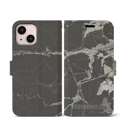 【高尾山口（東京都）】地図柄iPhoneケース（手帳タイプ）モノトーン・iPhone 13 mini 用