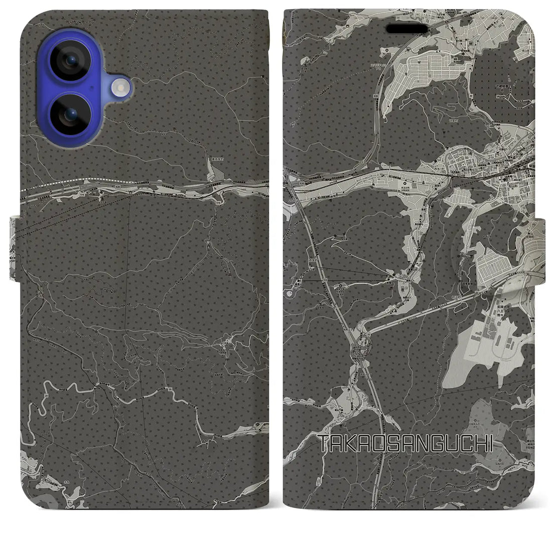 【高尾山口(東京都)】地図柄iPhoneケース(手帳タイプ)モノトーン・iPhone 16 Pro Max 用