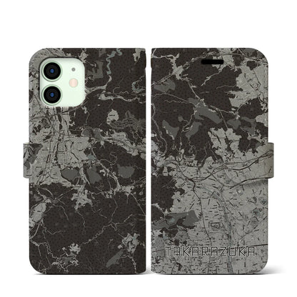 【宝塚（兵庫県）】地図柄iPhoneケース（手帳タイプ）モノトーン・iPhone 12 mini 用