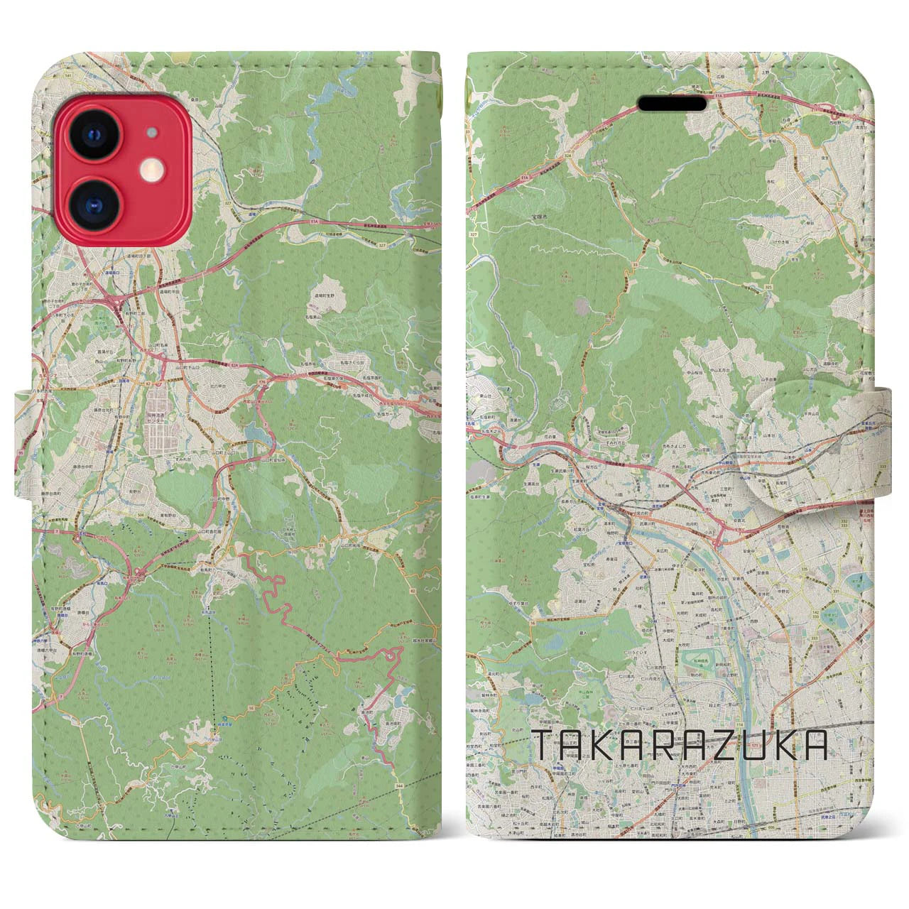 【宝塚】地図柄iPhoneケース（手帳両面タイプ・ナチュラル）iPhone 11 用