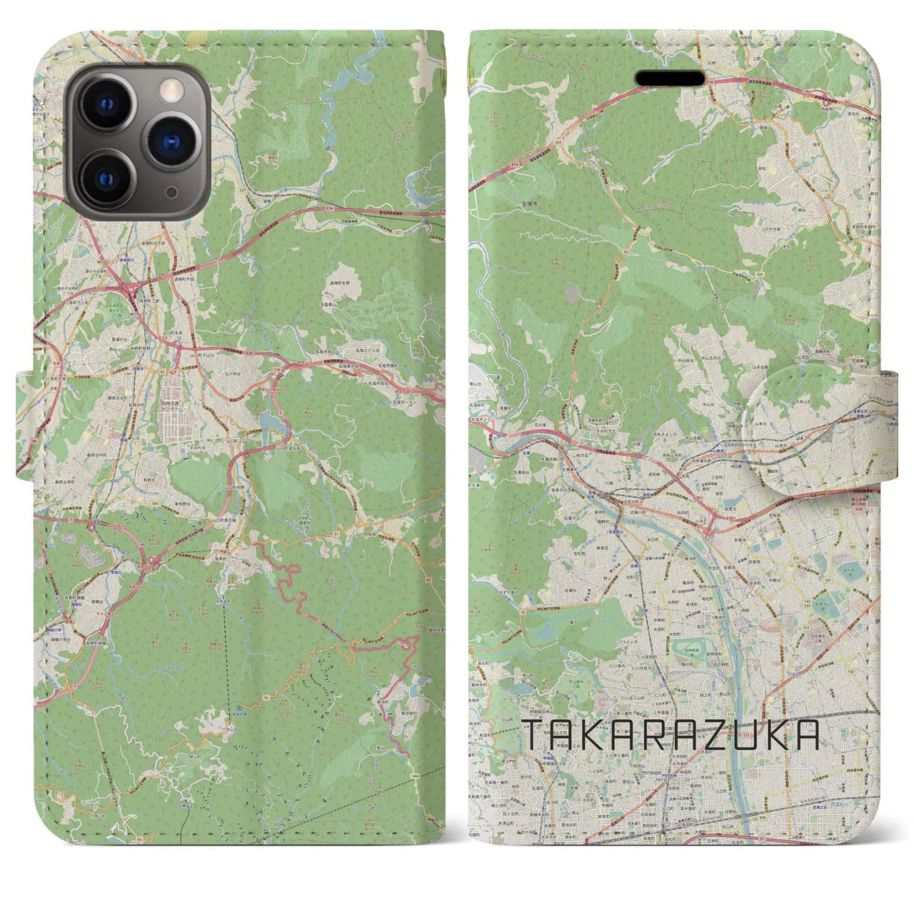 【宝塚】地図柄iPhoneケース（手帳両面タイプ・ナチュラル）iPhone 11 Pro Max 用