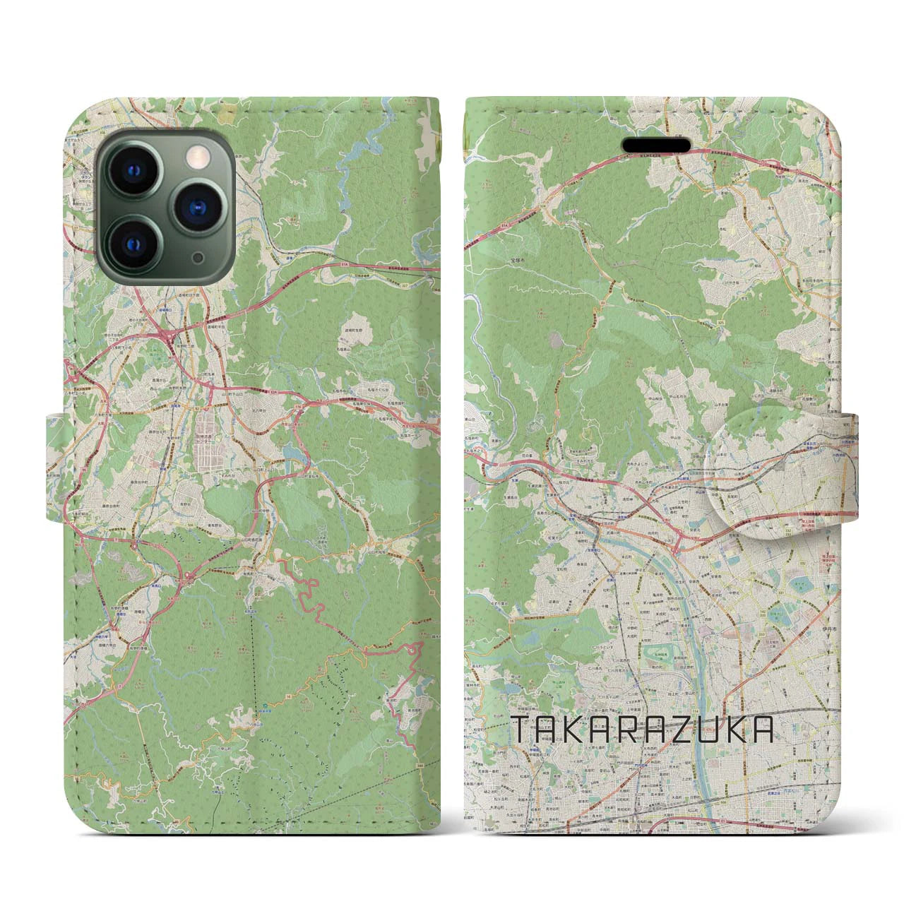【宝塚】地図柄iPhoneケース（手帳両面タイプ・ナチュラル）iPhone 11 Pro 用