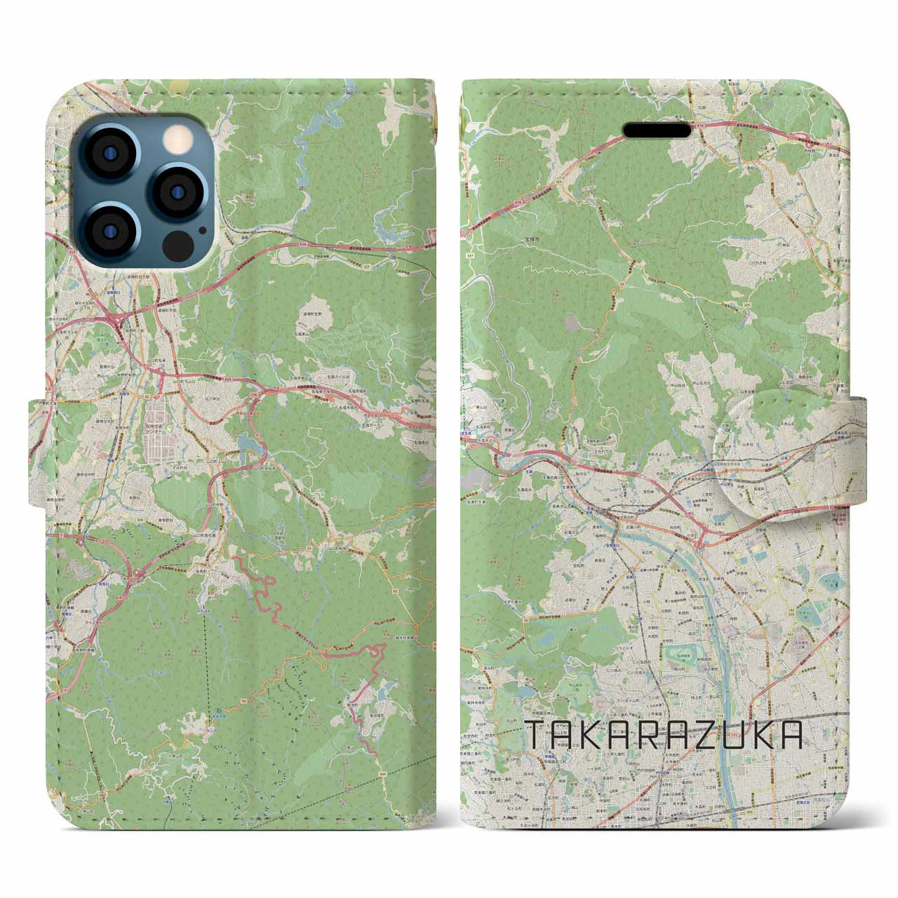 【宝塚】地図柄iPhoneケース（手帳両面タイプ・ナチュラル）iPhone 12 / 12 Pro 用