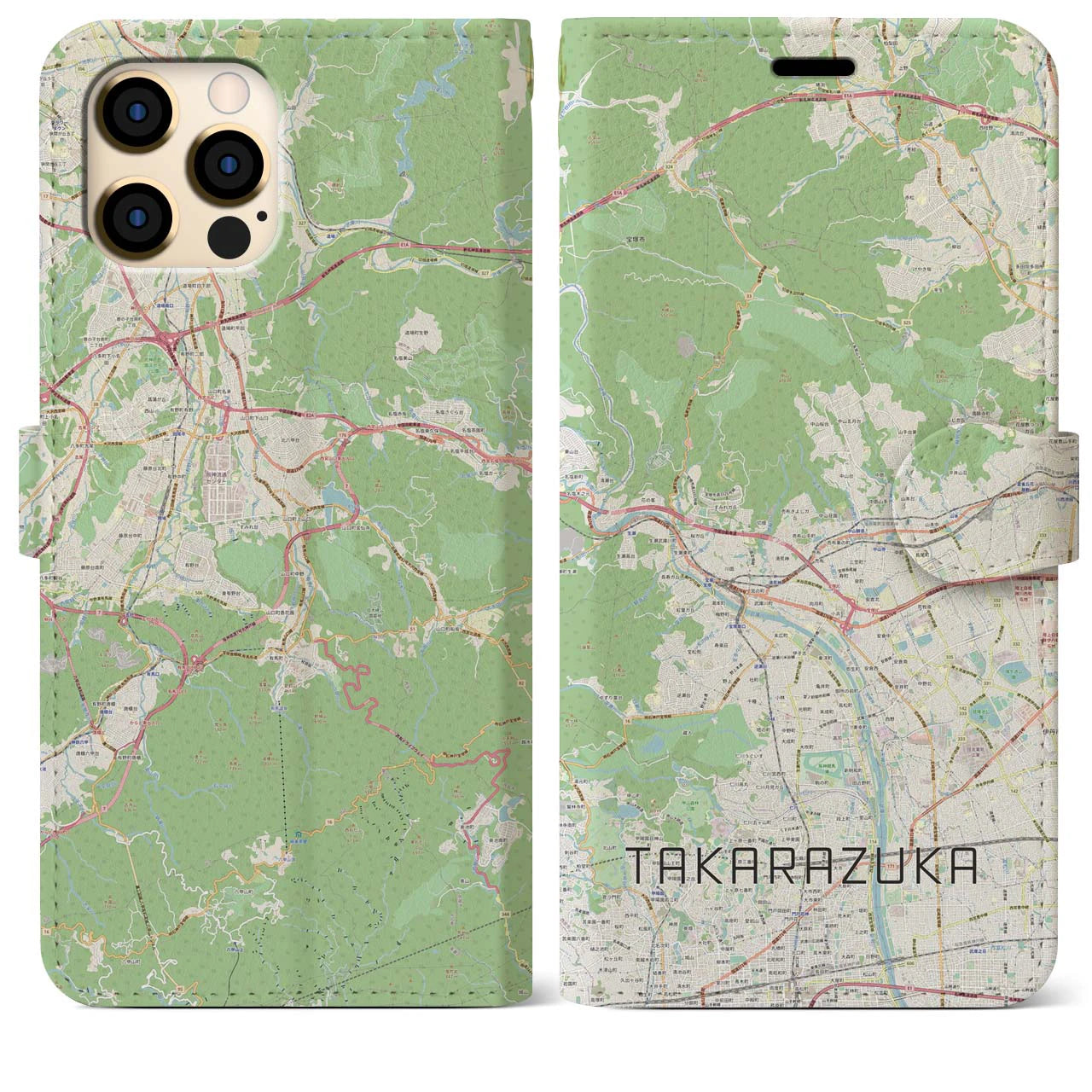 【宝塚】地図柄iPhoneケース（手帳両面タイプ・ナチュラル）iPhone 12 Pro Max 用