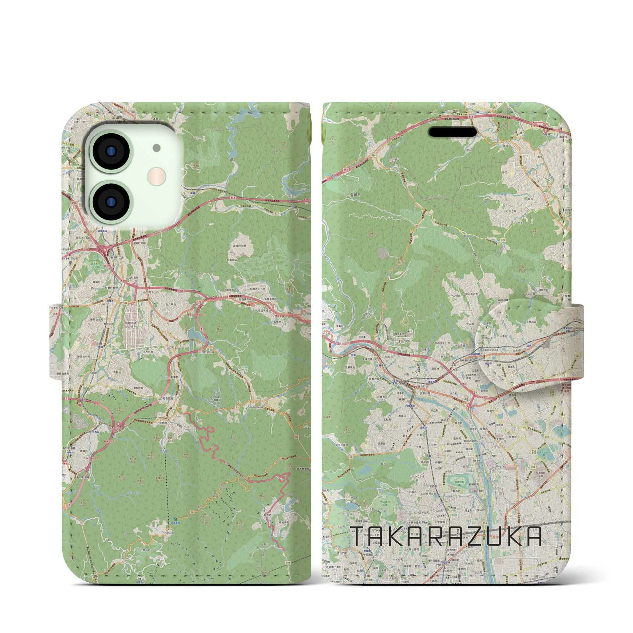 【宝塚】地図柄iPhoneケース（手帳両面タイプ・ナチュラル）iPhone 12 mini 用