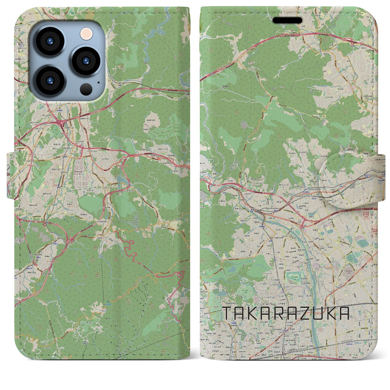 【宝塚】地図柄iPhoneケース（手帳両面タイプ・ナチュラル）iPhone 13 Pro Max 用