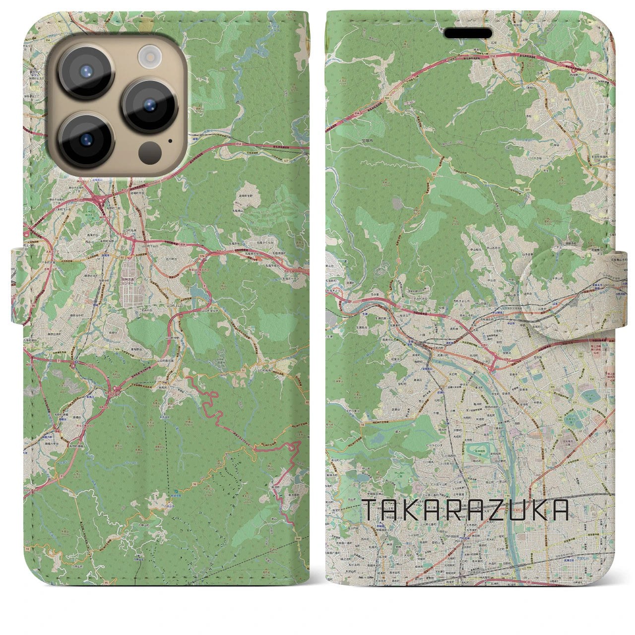 【宝塚】地図柄iPhoneケース（手帳両面タイプ・ナチュラル）iPhone 14 Pro Max 用