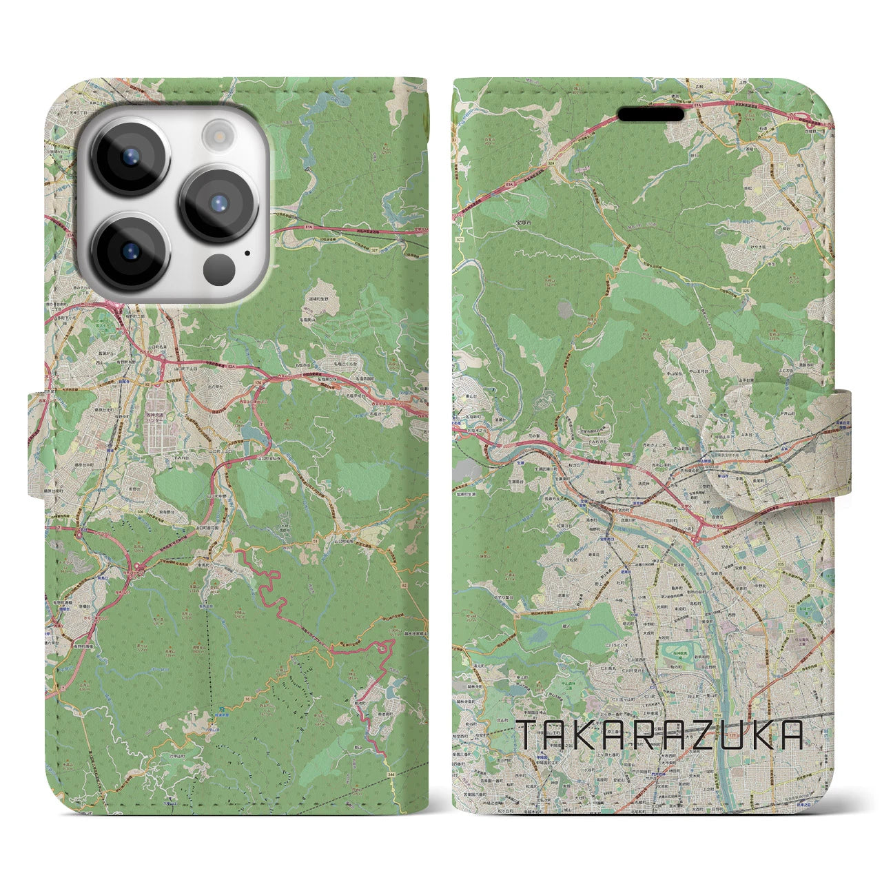 【宝塚】地図柄iPhoneケース（手帳両面タイプ・ナチュラル）iPhone 14 Pro 用