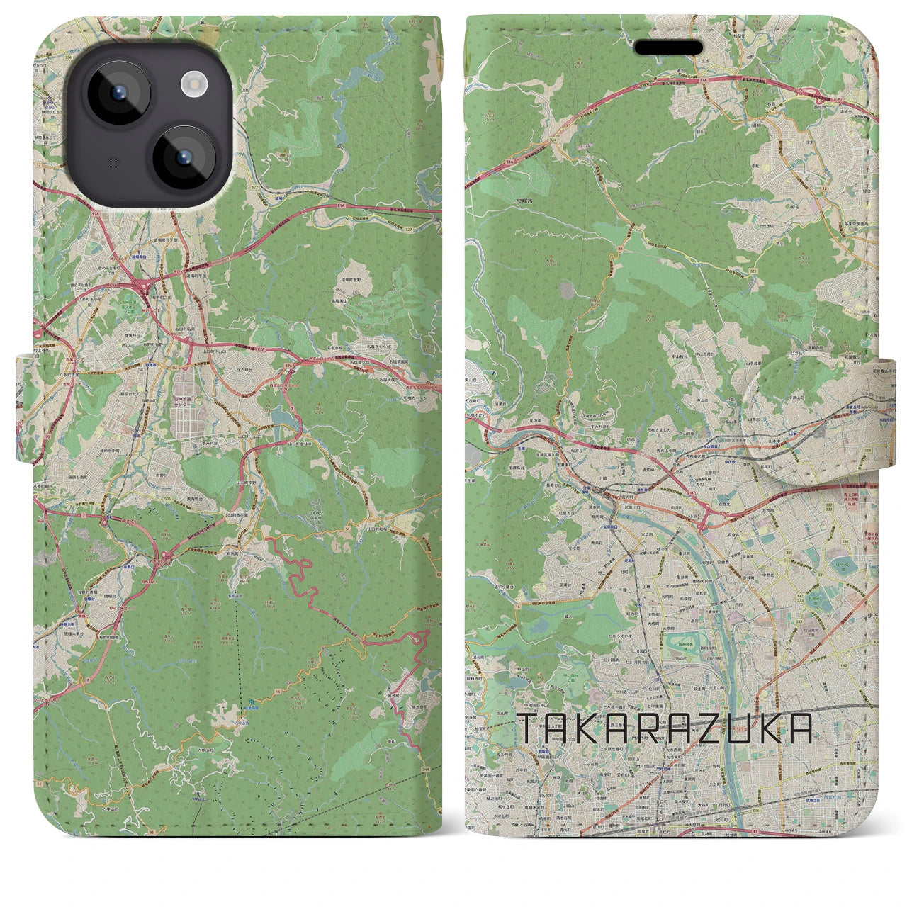 【宝塚】地図柄iPhoneケース（手帳両面タイプ・ナチュラル）iPhone 14 Plus 用
