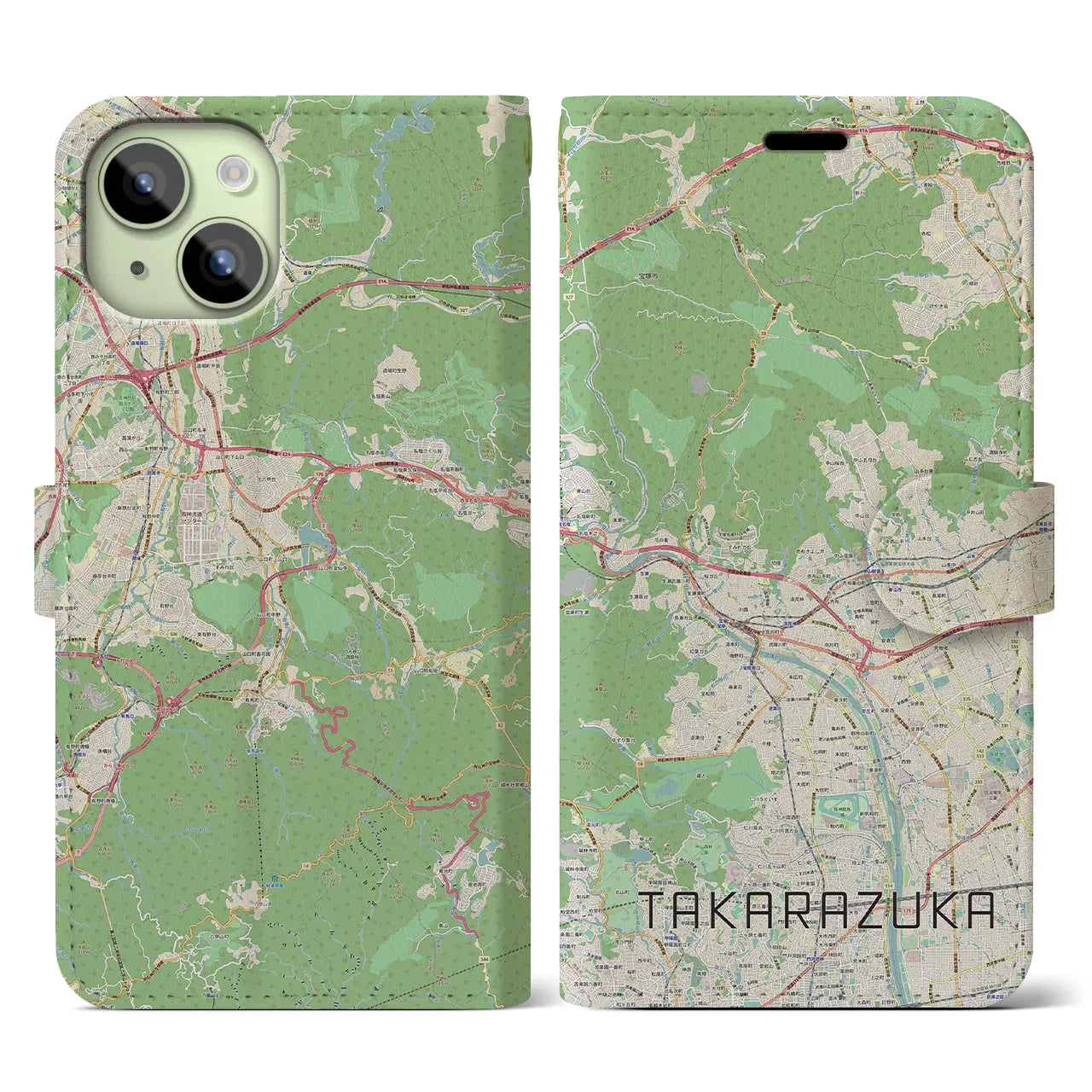 【宝塚】地図柄iPhoneケース（手帳両面タイプ・ナチュラル）iPhone 15 用