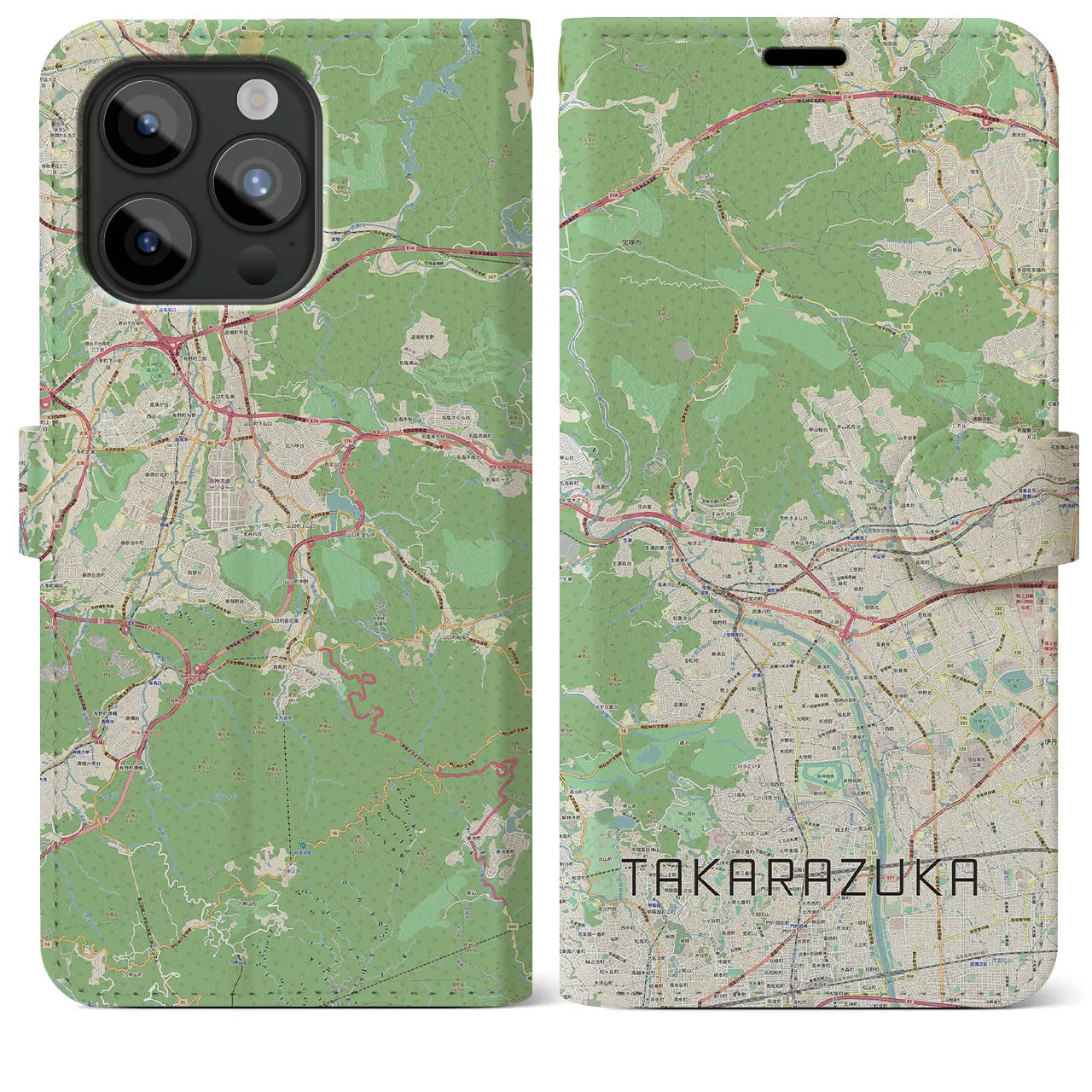 【宝塚】地図柄iPhoneケース（手帳両面タイプ・ナチュラル）iPhone 15 Pro Max 用