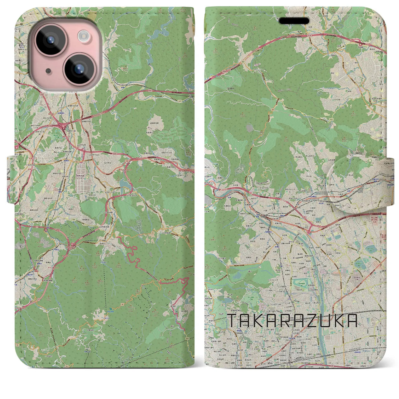 【宝塚】地図柄iPhoneケース（手帳両面タイプ・ナチュラル）iPhone 15 Plus 用