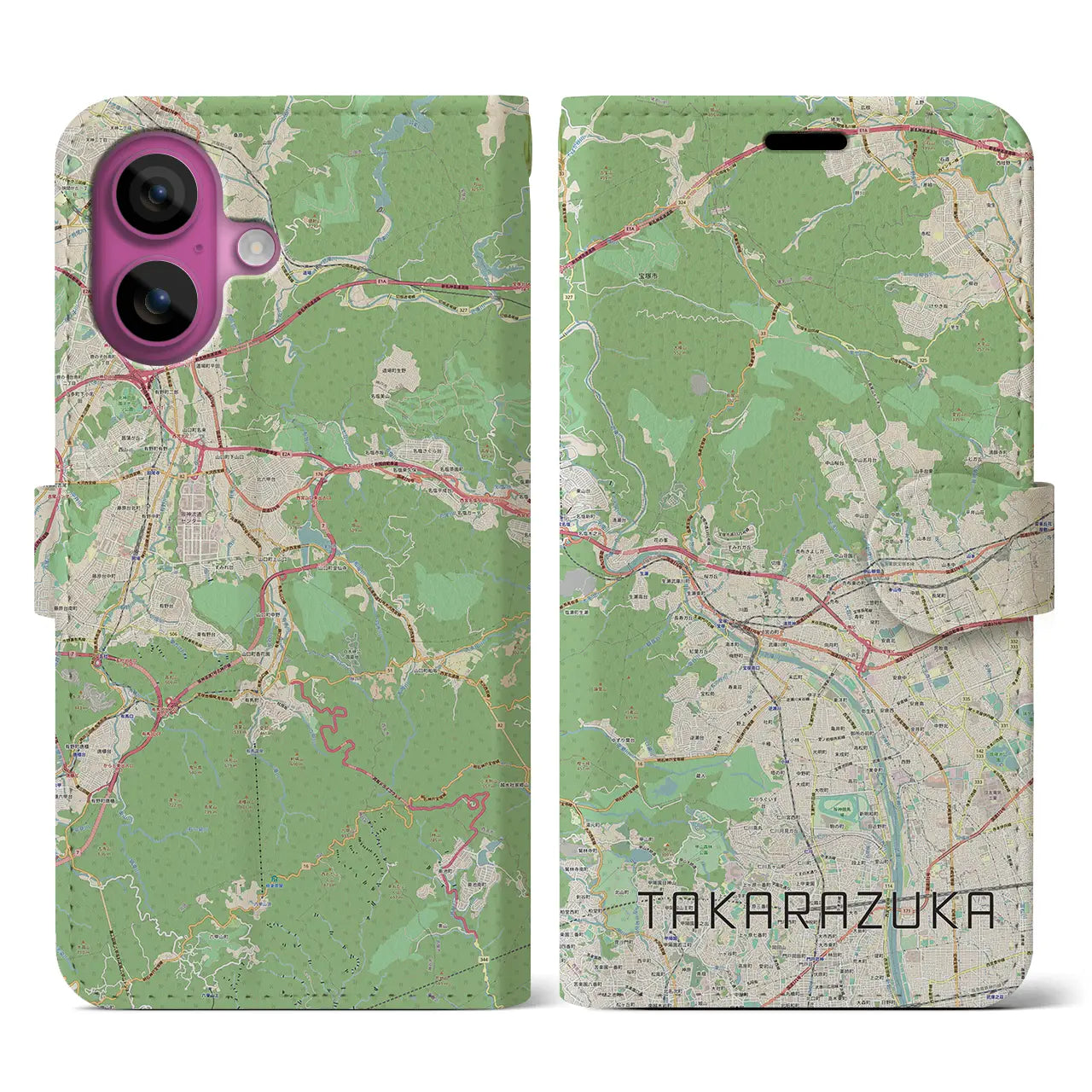 【宝塚（兵庫県）】地図柄iPhoneケース（手帳タイプ）ナチュラル・iPhone 16 Pro 用