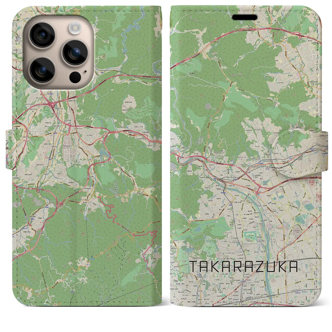 【宝塚（兵庫県）】地図柄iPhoneケース（手帳タイプ）ナチュラル・iPhone 16 Plus 用