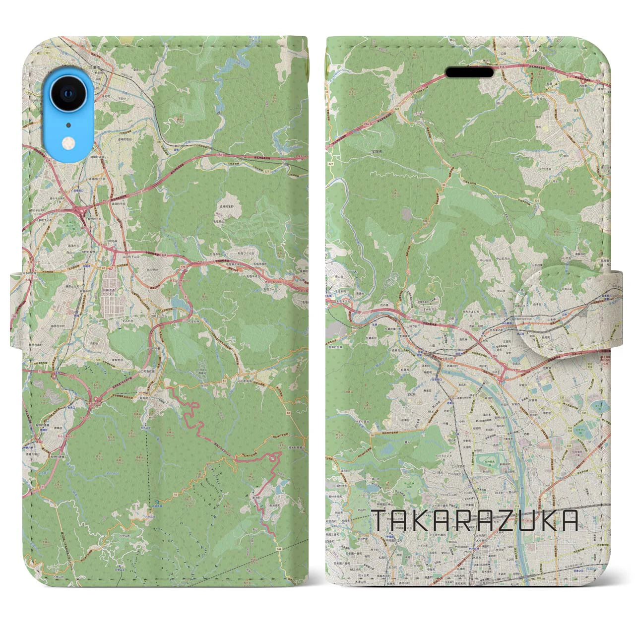 【宝塚】地図柄iPhoneケース（手帳両面タイプ・ナチュラル）iPhone XR 用