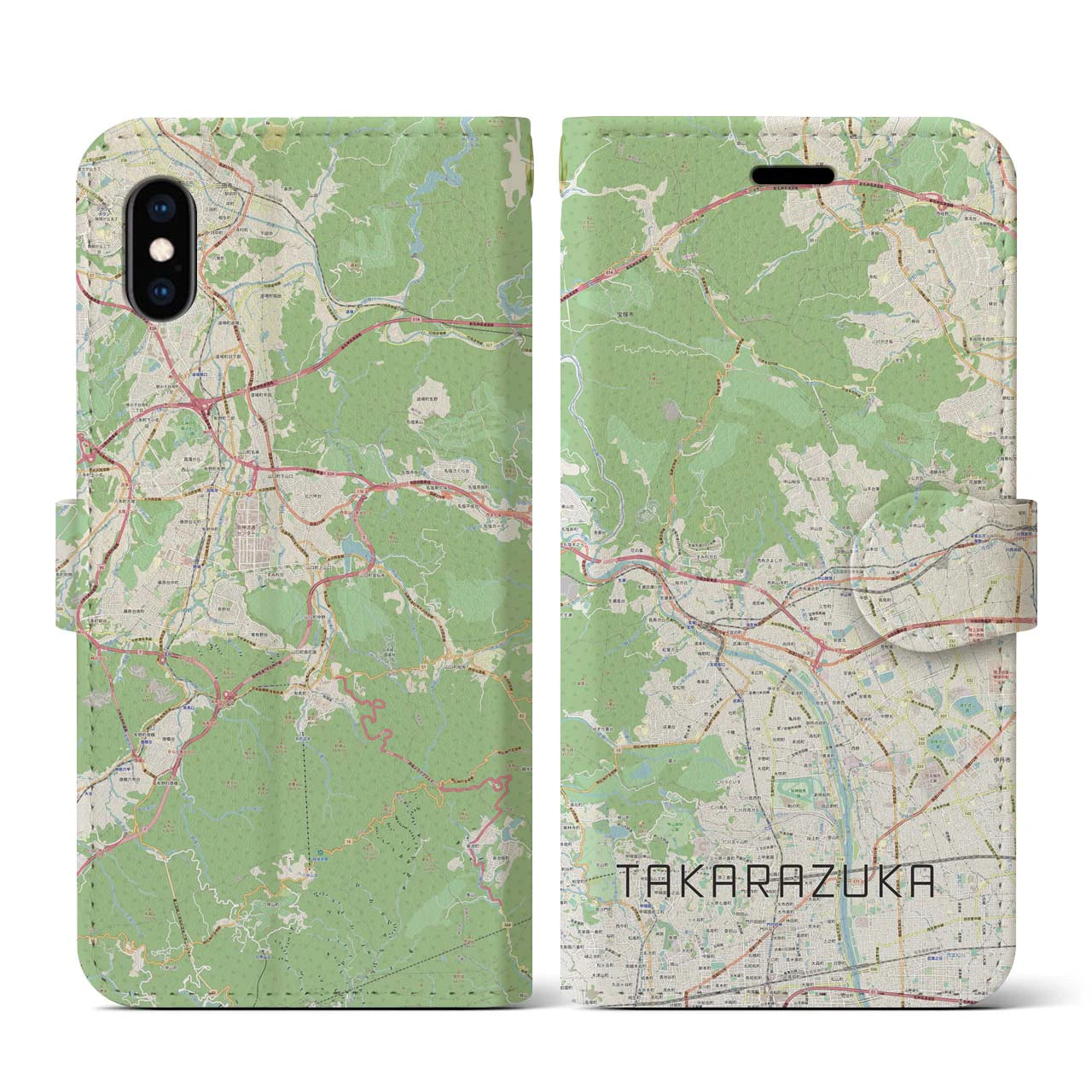 【宝塚】地図柄iPhoneケース（手帳両面タイプ・ナチュラル）iPhone XS / X 用