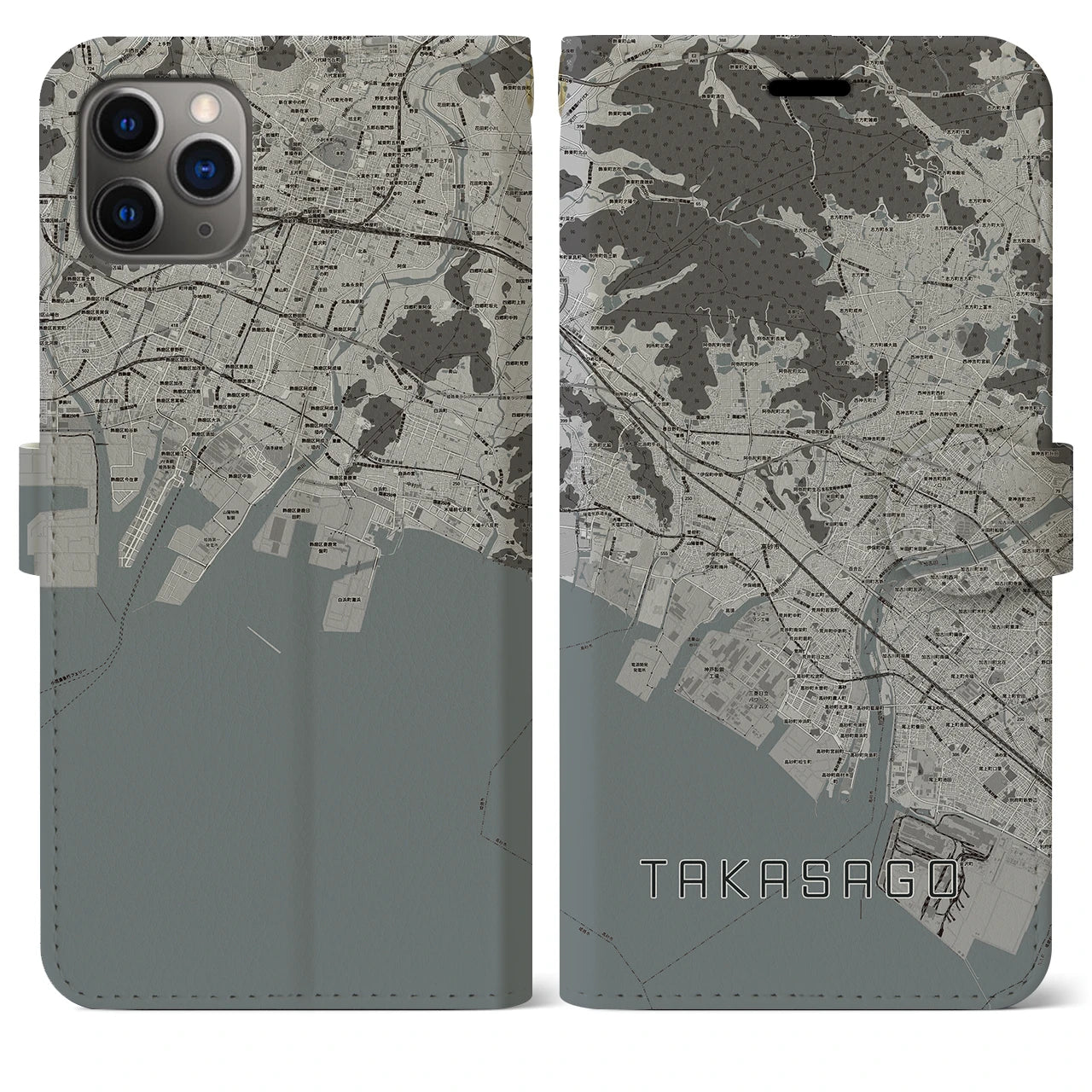 【高砂】地図柄iPhoneケース（手帳両面タイプ・モノトーン）iPhone 11 Pro Max 用