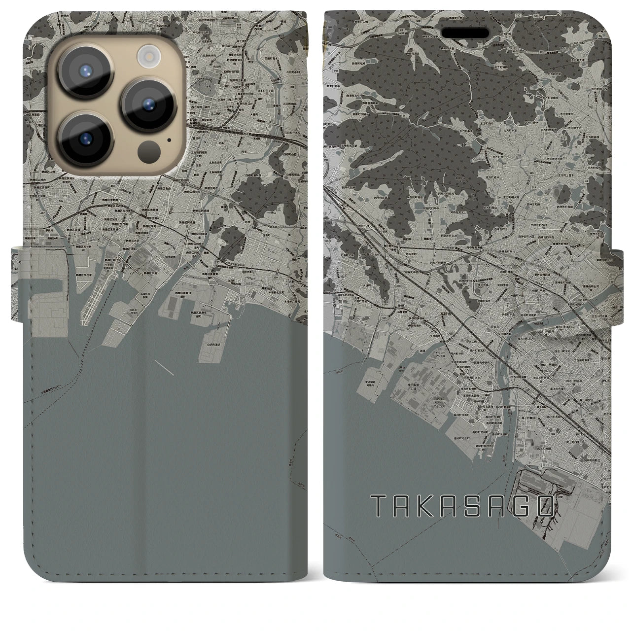 【高砂】地図柄iPhoneケース（手帳両面タイプ・モノトーン）iPhone 14 Pro Max 用