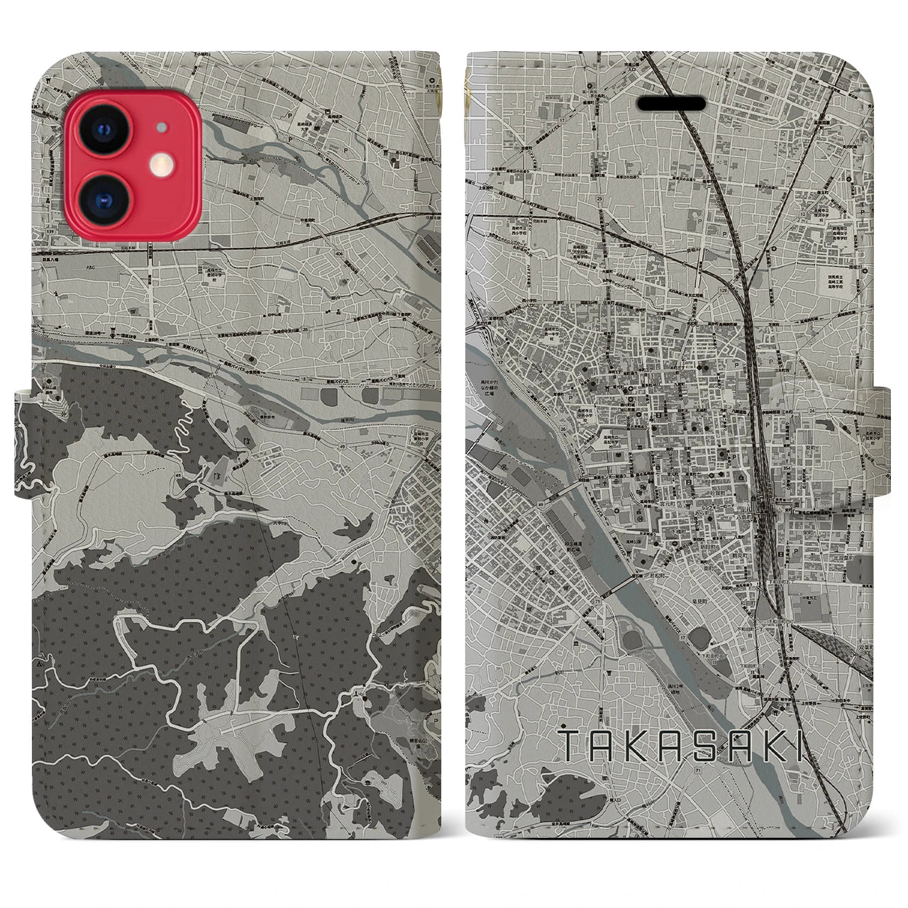 【高崎】地図柄iPhoneケース（手帳両面タイプ・モノトーン）iPhone 11 用