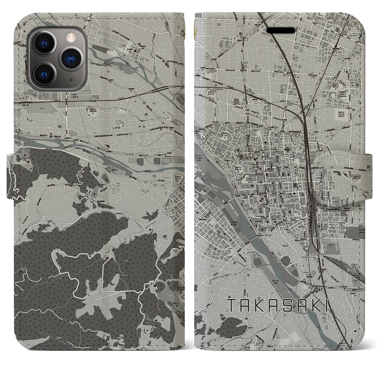 【高崎】地図柄iPhoneケース（手帳両面タイプ・モノトーン）iPhone 11 Pro Max 用