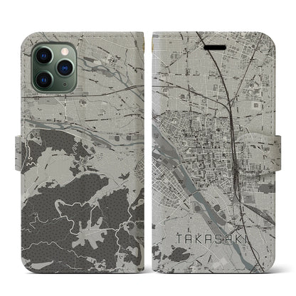 【高崎（群馬県）】地図柄iPhoneケース（手帳タイプ）モノトーン・iPhone 11 Pro 用