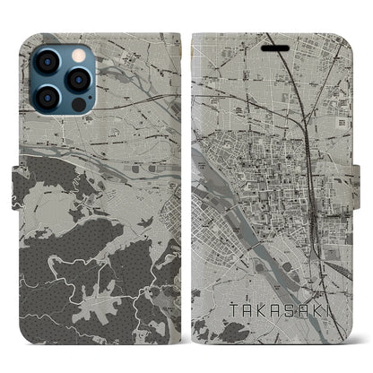 【高崎（群馬県）】地図柄iPhoneケース（手帳タイプ）モノトーン・iPhone 12 / 12 Pro 用