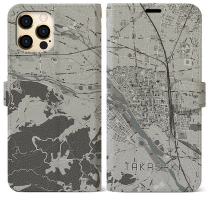 【高崎（群馬県）】地図柄iPhoneケース（手帳タイプ）モノトーン・iPhone 12 Pro Max 用