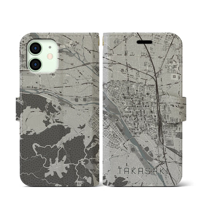 【高崎（群馬県）】地図柄iPhoneケース（手帳タイプ）モノトーン・iPhone 12 mini 用