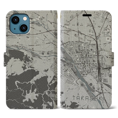 【高崎（群馬県）】地図柄iPhoneケース（手帳タイプ）モノトーン・iPhone 13 用