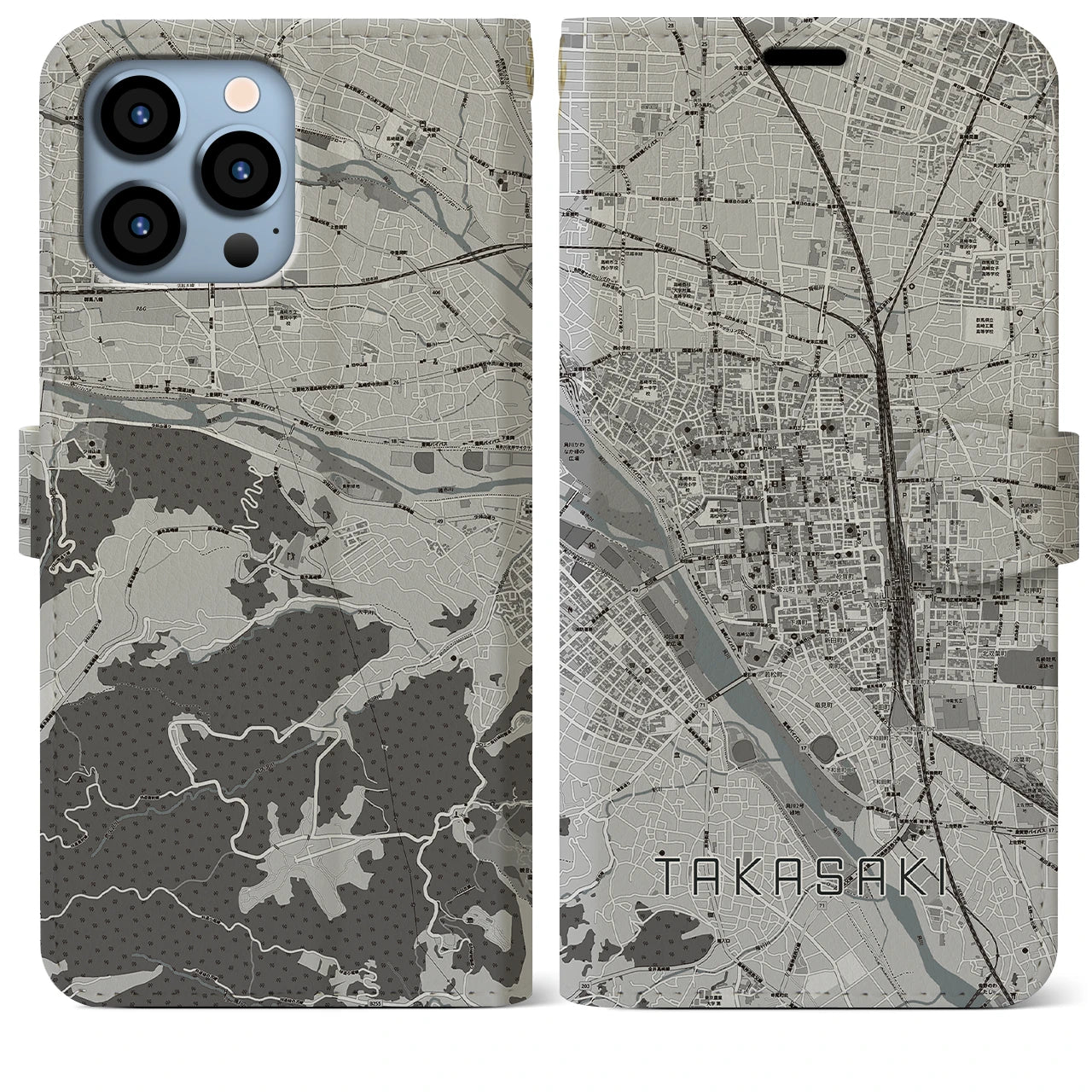 【高崎】地図柄iPhoneケース（手帳両面タイプ・モノトーン）iPhone 13 Pro Max 用