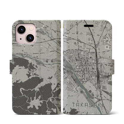 【高崎（群馬県）】地図柄iPhoneケース（手帳タイプ）モノトーン・iPhone 13 mini 用