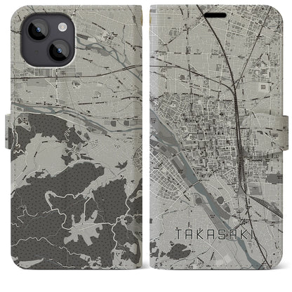 【高崎（群馬県）】地図柄iPhoneケース（手帳タイプ）モノトーン・iPhone 14 Plus 用