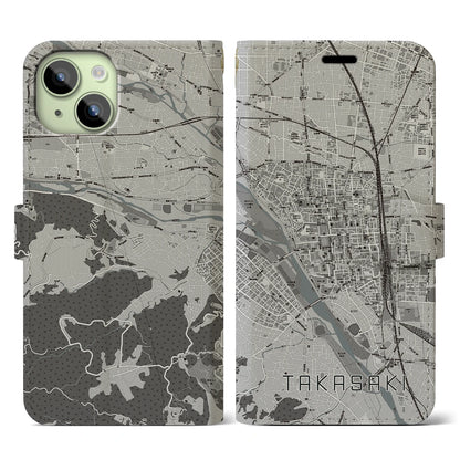 【高崎（群馬県）】地図柄iPhoneケース（手帳タイプ）モノトーン・iPhone 15 用