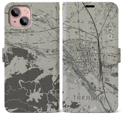 【高崎（群馬県）】地図柄iPhoneケース（手帳タイプ）モノトーン・iPhone 15 Plus 用