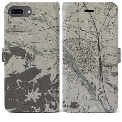 【高崎（群馬県）】地図柄iPhoneケース（手帳タイプ）モノトーン・iPhone 8Plus /7Plus / 6sPlus / 6Plus 用