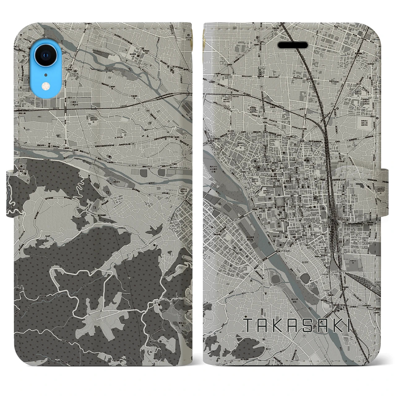【高崎】地図柄iPhoneケース（手帳両面タイプ・モノトーン）iPhone XR 用