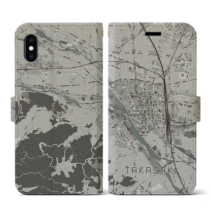 【高崎（群馬県）】地図柄iPhoneケース（手帳タイプ）モノトーン・iPhone XS / X 用