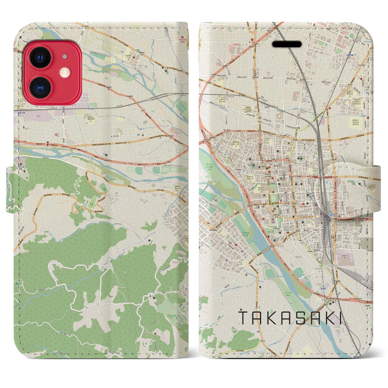 【高崎】地図柄iPhoneケース（手帳両面タイプ・ナチュラル）iPhone 11 用