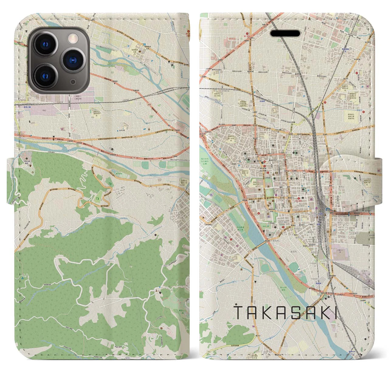 【高崎】地図柄iPhoneケース（手帳両面タイプ・ナチュラル）iPhone 11 Pro Max 用