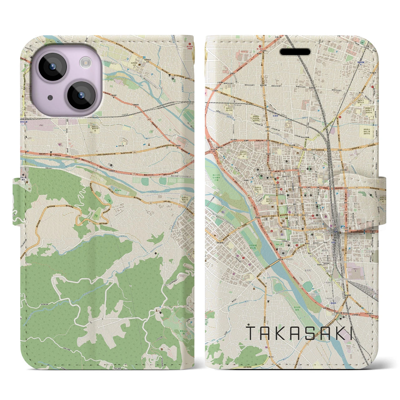 【高崎】地図柄iPhoneケース（手帳両面タイプ・ナチュラル）iPhone 14 用