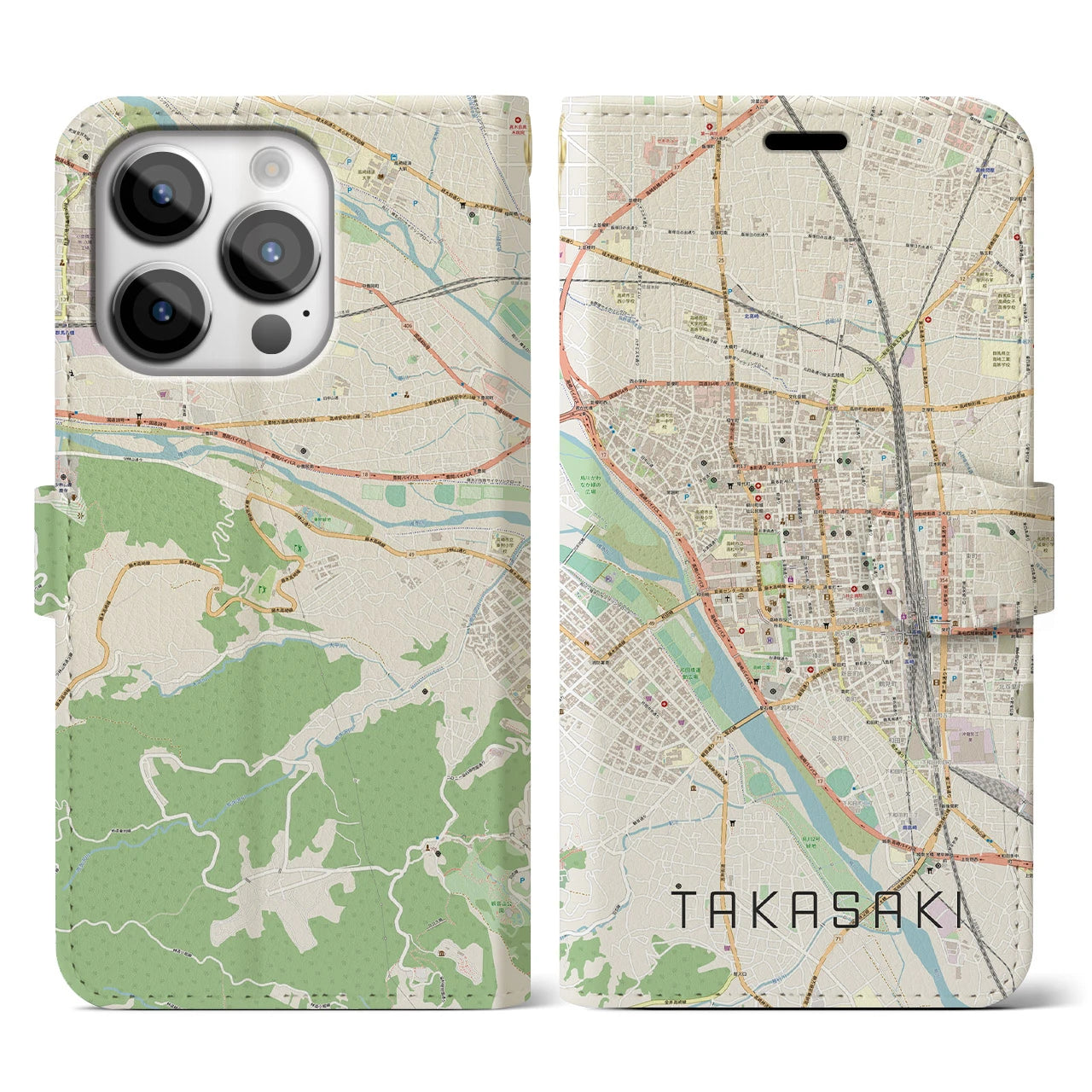 【高崎】地図柄iPhoneケース（手帳両面タイプ・ナチュラル）iPhone 14 Pro 用