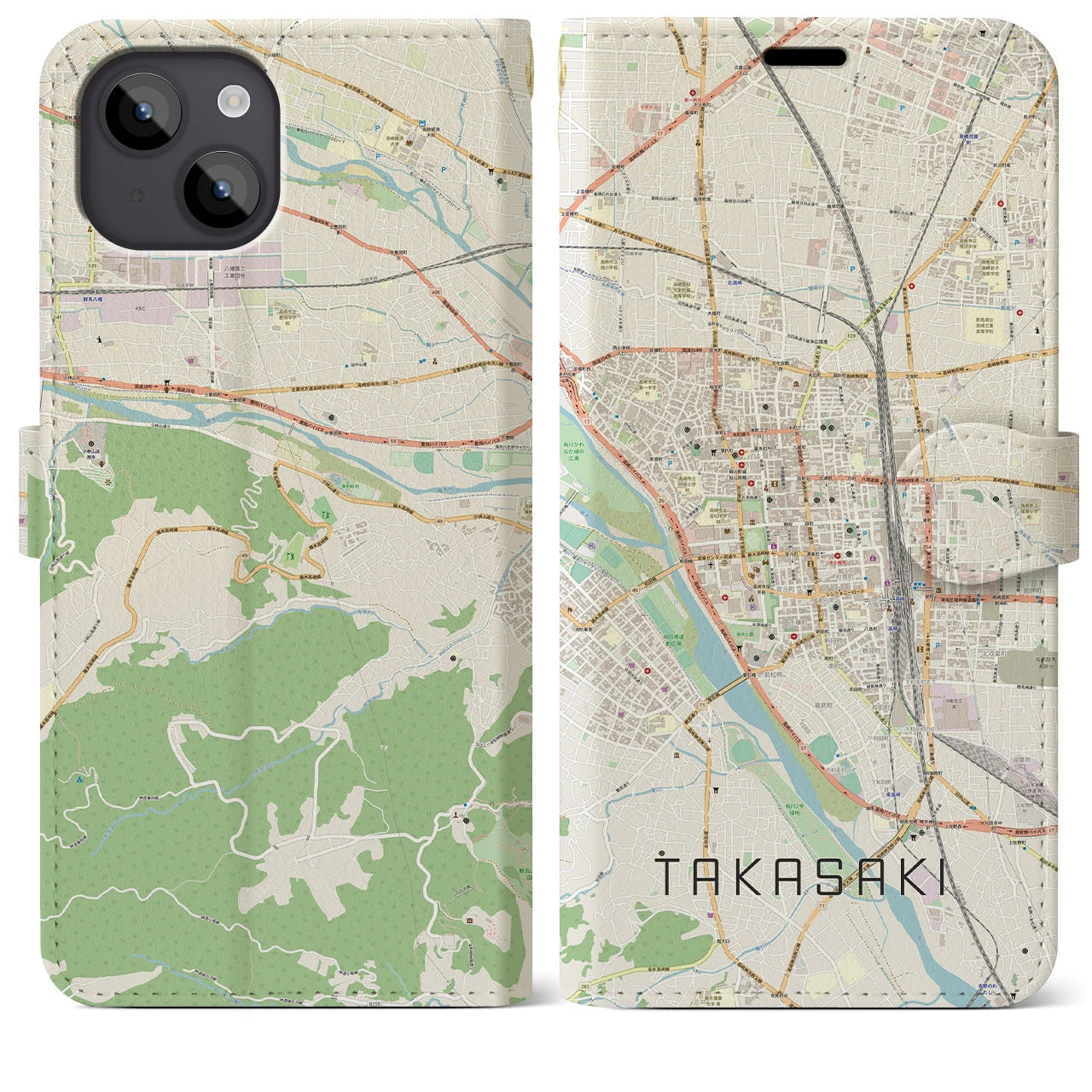 【高崎】地図柄iPhoneケース（手帳両面タイプ・ナチュラル）iPhone 14 Plus 用